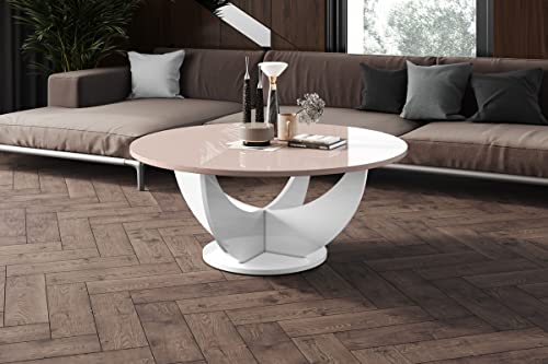 Design Couchtisch HRC-111 Hochglanz Wohnzimmertisch Highgloss Rund Tisch ?100 cm x 40 cm, Farbe:Cappuccino Hochglanz - Weiß Hochglanz