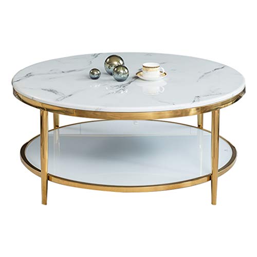 Runder großer Couchtisch, Tischplatte aus Marmor und gehärtetem Glas, Edelstahl-Tischbeine aus Titan, moderner minimalistischer Stil, verwendet im Hauptwohnzimmer, weiß