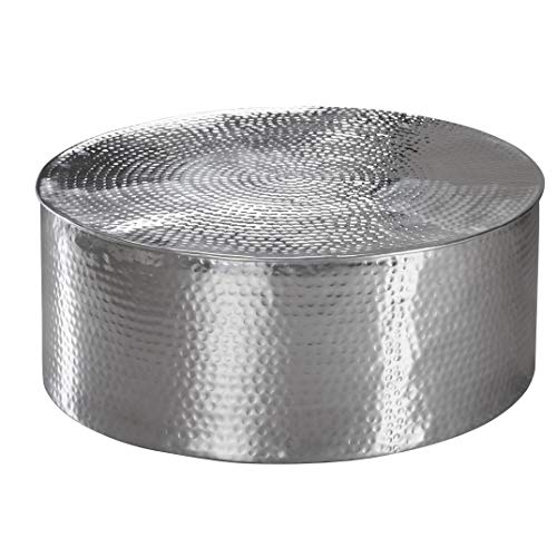 FineBuy Couchtisch 75 x 31 x 75 cm Aluminium Silber Beistelltisch orientalisch rund | Flacher Hammerschlag Sofatisch Metall | Design Wohnzimmertisch modern