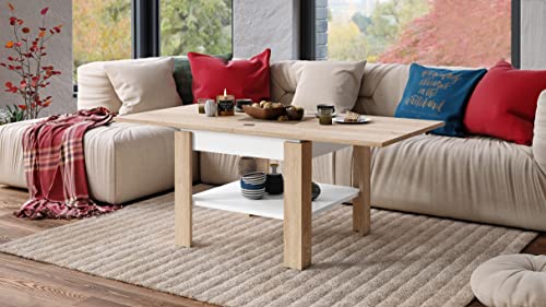Design Couchtisch Tisch Leo aufklappbar 65-130cm Esstisch (Sonoma Eiche/Weiß matt)