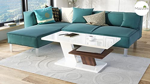 Mazzoni Design Couchtisch Tisch Cliff Wohnzimmertisch 110x60x45cm mit Ablagefläche (Weiß Hochglanz/Nussbaum)