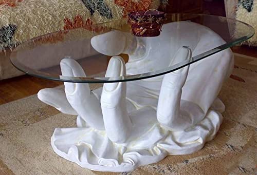 Casa Padrino Designer Couchtisch Hand Weiß 89 x 60 x H. 43,5 cm - Wohnzimmertisch mit ovaler Glasplatte - Designer Wohnzimmer Möbel