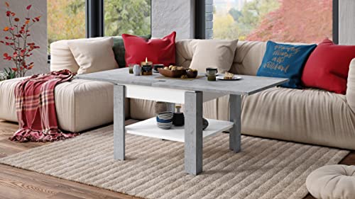 Mazzoni Design Couchtisch Tisch Leo aufklappbar 65-130cm Esstisch (Betonoptik/Weiß matt)