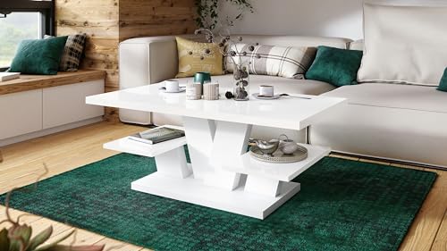Design Couchtisch Viva Tisch Wohnzimmertisch 110x60x45 cm Ablagefläche, Farbe:Weiß Hochglanz