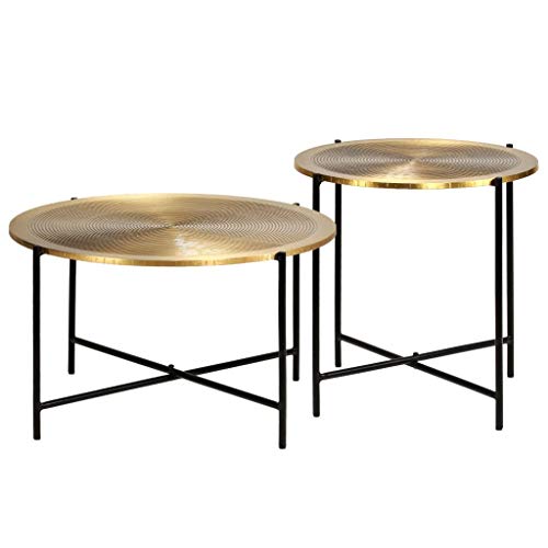 Gecheer 2TLG Beistelltisch mit MDF Platte + Stahlbeine | Retro Couchtisch Rund Satztisch Sofatisch Kaffeetisch Tisch-Set mit Messingbeschichtung