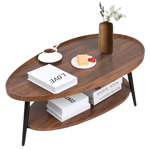 GOIHDIAO Couchtisch Oval Holz | wohnzimmertisch Oval mit Unterer Ablage | Sofatisch Kaffeetisch mit Beine Metall Einfache Montage | Wohnzimmer Tisch für Couch 110 x55 x 38 cm Modernem Design