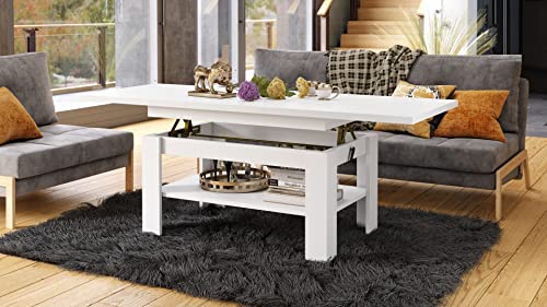 Mazzoni Design Couchtisch Tisch Rio stufenlos höhenverstellbar 55-67 cm ausziehbar 130-170cm mit Ablagefläche Esstisch, Farbe:Weiß matt
