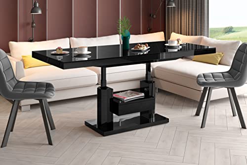Design Couchtisch Tisch mit Schublade HM-120 Hochglanz stufenlos höhenverstellbar ausziehbar Esstisch, Farbe:Schwarz Hochglanz