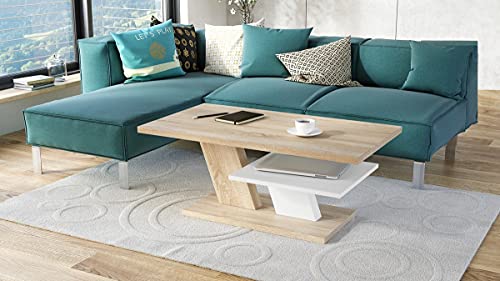Mazzoni Design Couchtisch Tisch Cliff Wohnzimmertisch 110x60x45cm mit Ablagefläche (Sonoma Eiche/Weiß matt)