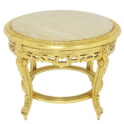 Casa Padrino Großer Barock Beistelltisch mit Marmorplatte Gold/Creme Ø 70 x H. 45 cm - Runder Antik Stil Tisch - Barock Wohnzimmer Möbel