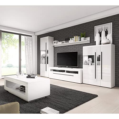 Lomadox Wohnzimmer Anbauwand weiß Hochglanz moderner Stil mit Absetzungen in schwarz inkl. LED Beleuchtung und Couchtisch, B/H/T: ca. 320/204/50 cm