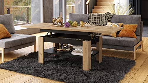 Mazzoni Design Couchtisch Tisch Rio stufenlos höhenverstellbar 55-67 cm ausziehbar 130-170cm mit Ablagefläche Esstisch, Farbe:Eiche Gold Craft - Schwarz matt