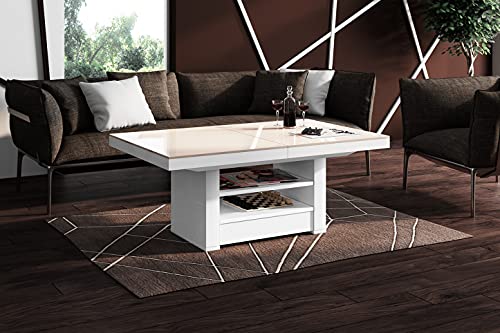 Design Couchtisch Tisch HLM-111 Hochglanz Schublade höhenverstellbar ausziehbar (Cappuccino/Weiß Hochglanz)