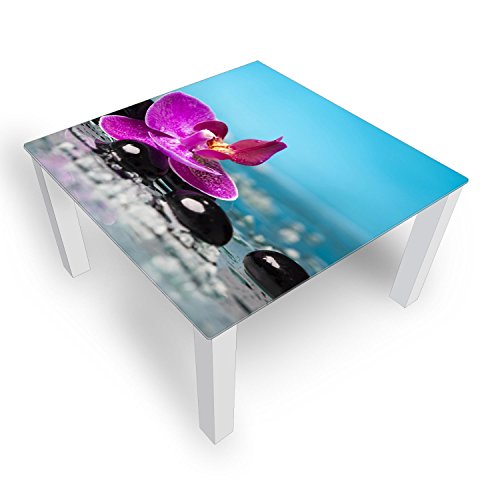 DEKOGLAS Couchtisch 'Orchidee Türkis' Glastisch Beistelltisch für Wohnzimmer, Motiv Kaffee-Tisch 100x100 cm in Schwarz oder Weiß