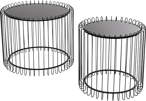 Kare Design Couchtisch Wire Live (2er-Set), Schwarz, Runder moderner Glastisch, Beistelltisch, Kaffeetisch mit Glasplatte, Stahlgestell, Ø40cm (klein), Ø50cm (groß)
