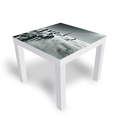 DekoGlas Beistelltisch Couchtisch 'Wolkenstadt' Sofatisch mit Motiv Glasplatte Kaffee-Tisch, 55x55x45 cm Weiß