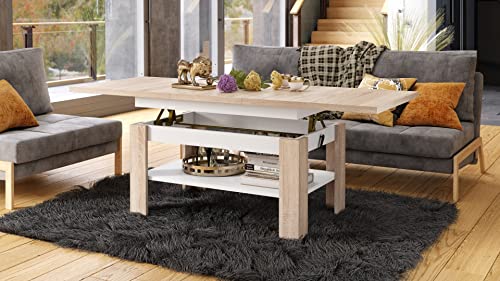 Mazzoni Design Couchtisch Tisch Rio stufenlos höhenverstellbar 55-67 cm ausziehbar 130-170cm mit Ablagefläche Esstisch, Farbe:Sonoma Eiche - Weiß matt