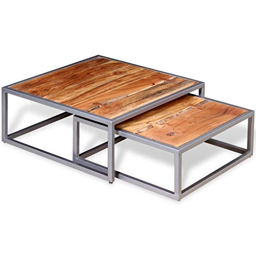  Set 2 teilig Masse (grosser Tisch) 65 x 65 x 26 cm (LxBxH) aus massivem Akazienholz Designtisch als Hilfstisch, Beistelltisch und Wohnzimmertisch