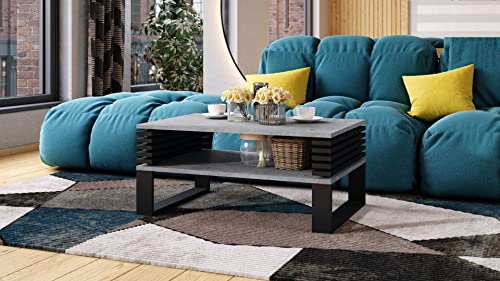 Design Couchtisch Gokee Tisch Wohnzimmertisch 90x42x60cm mit Ablagefläche, Farbe:Beton - Schwarz matt