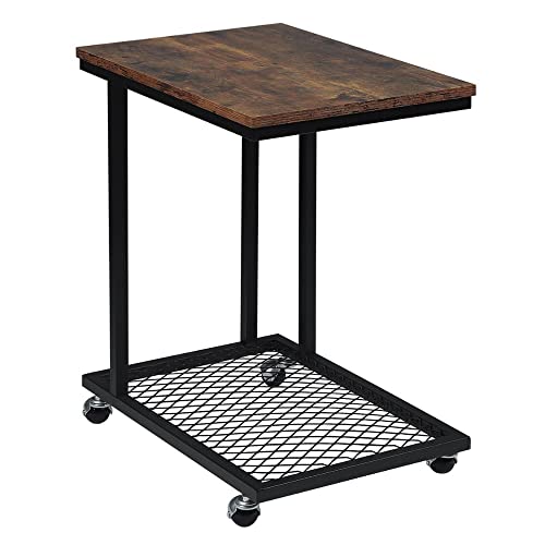 ZAW Wohnzimmertisch Beistelltisch Beistelltisch auf Räder mit Grid-Storage-Shelf Industrie C-Form Kaffeetisch Laptop-Tisch Nachttisch mit Metallrahmen Couchtische