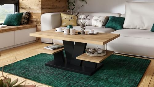 Design Couchtisch Viva Tisch Wohnzimmertisch 110x60x45 cm Ablagefläche, Farbe:Eiche Gold Craft - Schwarz matt