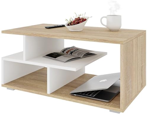 Meble Pitus Couchtisch Holz - Wohnzimmertisch Modern - Couchtisch mit Stauraum 90 x 50 x 49cm - Tisch für Wohnzimmer - Sonoma-Eiche/Weiß