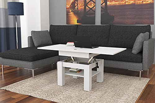 Design Couchtisch Tisch Cleo stufenlos höhenverstellbar 57-69cm aufklappbar 75 / 150cm Esstisch, Farbe:Weiß matt