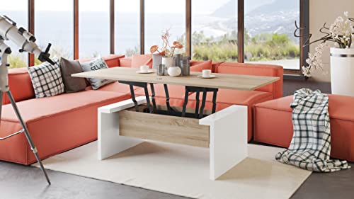 Design Couchtisch Tisch Space Sonoma Eiche - Weiß matt höhenverstellbar 45 / 70cm aufklappbar 110 / 170cm Esstisch