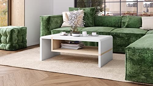 designimpex Couchtisch Folk 01 Tisch Wohnzimmertisch mit Ablagefläche, Farbe:Weiß matt/Sonoma Eiche