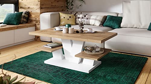 Design Couchtisch Viva Tisch Wohnzimmertisch 110x60x45 cm Ablagefläche, Farbe:Eiche Wotan - Weiß matt