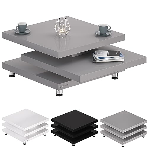 Casaria® Couchtisch New York 72x72cm Wohnzimmertisch Grau Hochglanz Design Modern 360° drehbare Tischplatte höhenverstellbare Füße MDF Sofatisch Cube