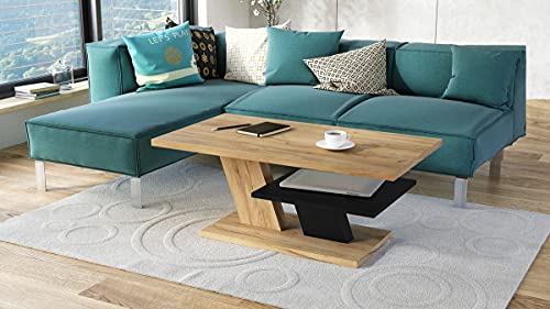 Mazzoni Design Couchtisch Tisch Cliff Wohnzimmertisch 110x60x45cm mit Ablagefläche (Eiche Gold Craft/Schwarz matt)