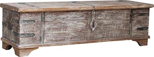 GURU SHOP Vintage Holzbox,Holztruhe, Couchtisch, Kaffeetisch aus Massivholz, Verziert - Modell 53, Teakholzrecycelt, 41x140x41 cm, Truhen, Kisten, Koffer