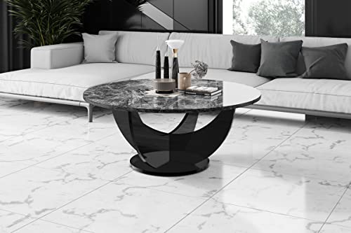 Design Couchtisch HRC-111 Hochglanz Wohnzimmertisch Highgloss Rund Tisch ?100 cm x 40 cm, Farbe:Marmor dunkel/Schwarz Hochglanz