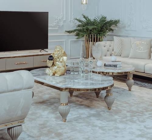 Casa Padrino Luxus Art Deco Couchtisch Grau/Weiß/Gold 160 x 87 x H. 46 cm - Prunkvoller Massivholz Wohnzimmertisch mit Kunstmarmor Tischplatte - Art Deco Wohnzimmer Möbel