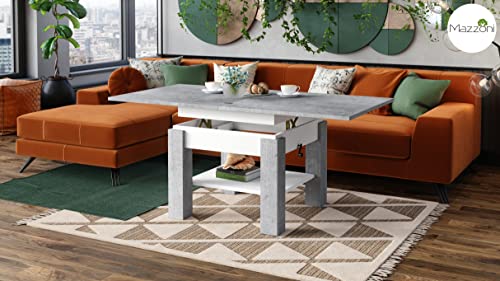 Design Couchtisch Tisch Cleo stufenlos höhenverstellbar 57-69cm aufklappbar 75 / 150cm Esstisch, Farbe:Beton - Weiß matt