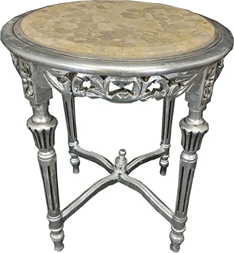 Casa Padrino Barock Beistelltisch Silber/Creme - Handgefertigter Massivholz Tisch mit Marmorplatte - Barock Wohnzimmer Möbel
