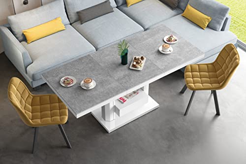 Design Couchtisch Tisch mit Schublade HM-120 Hochglanz stufenlos höhenverstellbar ausziehbar Esstisch, Farbe:Beton - Weiß Hochglanz