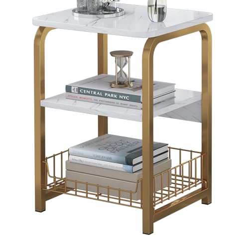GHBXJX Holz Wohnzimmertisch mit Stauraum, Moderne Couchtisch Klein Beistelltische fürs Wohnzimmer, Nachttisch Metall Couch Tisch mit Korb, 40x30x62 cm, Weiß