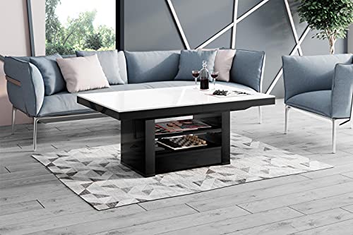 Design Couchtisch Tisch HLM-111 Weiß/Schwarz Hochglanz Schublade höhenverstellbar ausziehbar