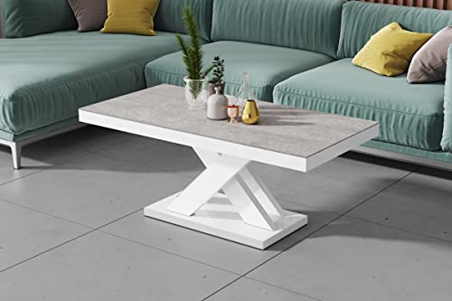 Design Couchtisch XLU-888 Grau Beton - Weiß Hochglanz Betonoptik Highgloss Tisch Wohnzimmertisch