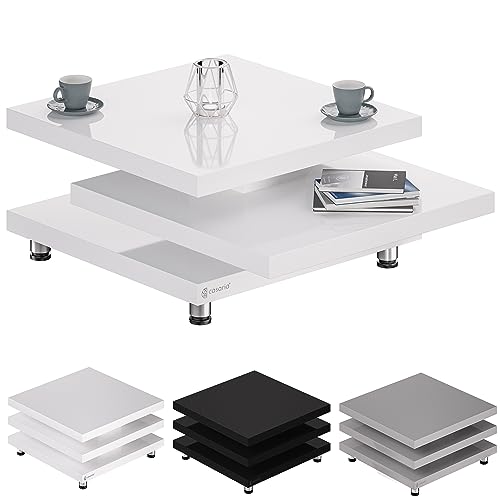 Casaria® Couchtisch 60x60 cm Weiß Hochglanz Design Modern 360° drehbare Tischplatte höhenverstellbare Füße Holz Sofatisch Wohnzimmertisch Cube New York