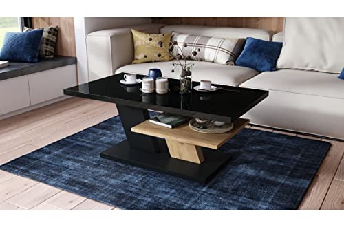 Design Couchtisch Cliff Schwarz Hochglanz/Eiche Gold craft Tisch Wohnzimmertisch 110x60x45cm mit Ablagefläche