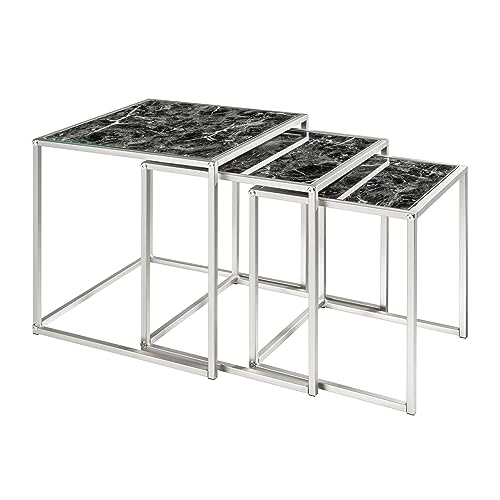 Invicta Interior Design Beistelltisch 3er Set Elements 40cm schwarz Glasplatten in Marmoroptik Satztische Couchtisch Tischset