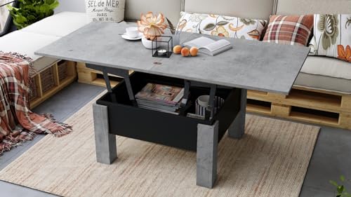 Design Couchtisch Tisch Oslo höhenverstellbar 49 / 76cm aufklappbar 80 / 160cm Esstisch, Farbe:Beton - Schwarz matt