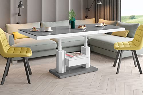 Design Couchtisch Tisch mit Schublade HM-120 Hochglanz stufenlos höhenverstellbar ausziehbar Esstisch, Farbe:Grau Hochglanz - Weiß Hochglanz