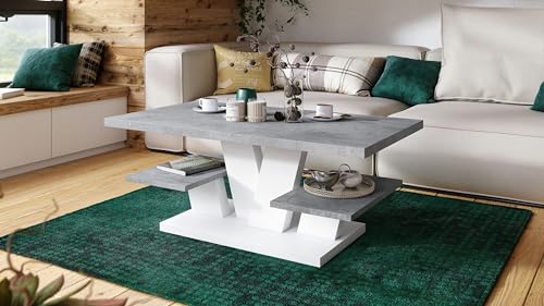 Design Couchtisch Viva Tisch Wohnzimmertisch 110x60x45 cm Ablagefläche, Farbe:Beton/Weiß matt