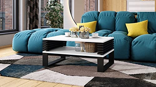 Design Couchtisch Gokee Tisch Wohnzimmertisch 90x42x60cm mit Ablagefläche, Farbe:Weiß matt/Schwarz matt