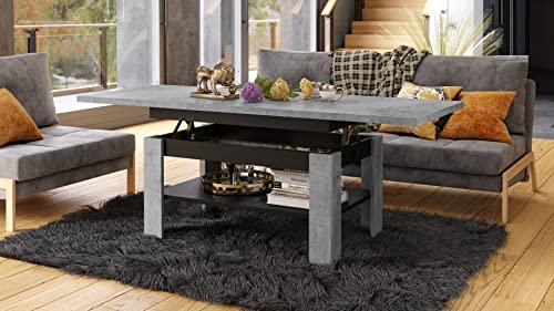 Mazzoni Design Couchtisch Tisch Rio stufenlos höhenverstellbar 55-67 cm ausziehbar 130-170cm mit Ablagefläche Esstisch, Farbe:Beton/Schwarz matt