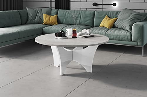 Design Couchtisch HRA-111 Hochglanz Wohnzimmertisch Highgloss Rund Tisch ?100 cm x 40 cm, Farbe:Beton - Weiß Hochglanz